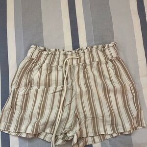 LOFT High Waist Striped Cream and Tan Shorts